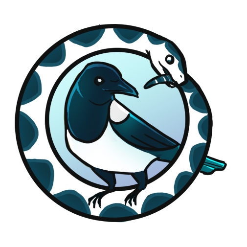 An illustration of a magpie perched on a white ouroboros.